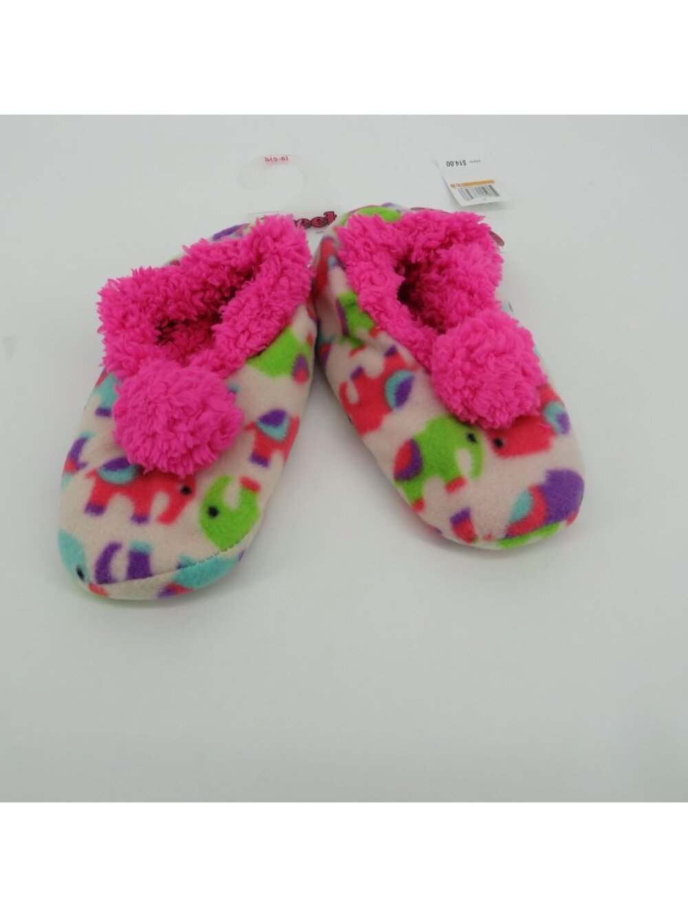 Sweet Plush Fleece Slippers Elephant Print Pink Faux Fur Trim S (5-6)